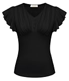 Belle Poque Damen Sommer Kurzarm Rüschen Ärmel V Ausschnitt Blusen Brust Plissee Tops Schwarz M