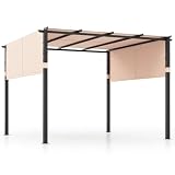 HOMASIS 305 x 305 cm Pergola, Gartenpavillon mit 2 einziehbaren Überdachungen, wasserdichter Paviilon mit Sonnenschutz, Gazebo mit Metallrahmen & 8 Erdnägeln, Gartenzelt für Garten Terrasse (Beige)