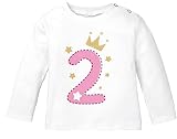 MoonWorks® Baby Langarm-Shirt 1. Geburtstag Zahl 1 BZW. 2 mit Krone Sternen Geburtstagsshirt Bio-Baumwolle 2 weiß-rosa 92/98 (16-24-Monate)