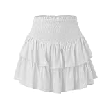 Damen Rüschen Faltenrock Kurzer Mini Rock Hohe Taille Mehrlagige Kurz Röcke Sommer A-Linie Minirock Casual Einfarbig Rock Volant Rock mit Gummibund Strandrock Sport Plisseerock (White #1, S)