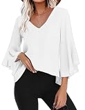 Gyabnw Damen Chiffon Bluse Volantärmeln Tunika 3/4 Arm Elegant V Ausschnitt Oberteill mit Trompetenärmeln Weiß S