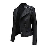 Damen Stehkragen Leder Kurze Jacke Schlanke Lederjacke Damen Motorradjacke Casual Lederimitat Streetwear Slim Übergangsjacke Bikerjacke,Black,L