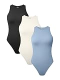 TOB 3-teiliger Damen-Body, sexy, gerippt, ärmellos, Neckholder, Shapewear, Schwarz, Beige, Blau, M