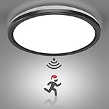 LED Deckenleuchte mit Radar Bewegungsmelder, 18W 5000K Deckenlampe mit Bewegungsmelder Innen, Flach Rund Lampe mit Bewegungsmelder, Wandleuchte Wandlampe für Balkon Keller Flur Garage-22cm Schw