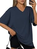 Cuptacc T Shirt Damen Herbst Oversized Halbarm Lang Überschnittene Schultern Sommer Shirt V-Ausschnitt Einfarbig Basic Halbarm Oberteile Marineblau XL