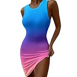 Sommerkleid Damen Bodycon Kleid Kurz Enges Tank Kleid mit Farbverlauf in Batik-Optik Boho Kleid Strandkleid Damen Strandkleider Damen Sommer Kleider Sommerkleid Damen Knielang Mini T Shirt (Purple, S)