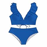 Damen-Bikini-Set geteilter Badeanzug Rüschen V-Ausschnitt Rückenbindung Florale mit mittlerer Taille T Shirts Herren (M,BU1)