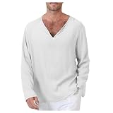 Mymyguoe Leinenshirt Herren Langarm Atmungsaktiv Einfarbig Baumwolle Leinen T-Shirt Herren Leinenshirt Langarm V-Ausschnitt Bequem Atmungsaktiv Männer Tshirt Top Hemd Bluse Ob