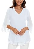 Actcat Damen Mesh Bluse 3/4 Arm Blumen Tunika Shirt Elegant Doppellagig V-Ausschnitt berteile Mesh Locker Longshirt Hochzeit Pullover Damen Bluse Damen elegant Slim Bright sexy Oberteil D