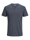 JACK & JONES Herren Basic T-Shirt V-Ausschnitt Kurzarm Jersey Baumwolle Shirt mit Knöpfen JJESPLIT, Farben:Navy, Größe:L