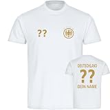 multifanshop® Herren T-Shirt - Deutschland - Adler Retro Trikot mit Namen und Nummer Gold - Druck Gold metallic - Bedruckung Männer Fanartikel - Größe M weiß