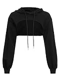 GORGLITTER Damen Crop Hoodie Pullover Sehr Kurz Sweatshirts Langarm Pulli Rundkragen Cut Outs Shirts mit Kapuze Schwarz XL