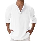 Leinenhemd Herren Langarm Sommer Hemden, Freizeithemd Stehkragenhemd Slim Fit Leichtes Sommerhemd mit Tasche Leinen Shirt Henley Shirt mit Knopfleiste Musselin Hemd Herren für Urlaub S