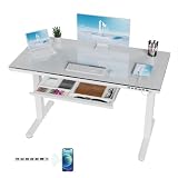 Homall Glas Höhenverstellbarer Schreibtisch, 120 x 60 cm Elektrischer Höhenverstellbarer Schreibtisch mit Schublade, Sitz- und Steh-Schreibtisch für Home Office, weiß
