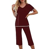 Generisch Jogginganzug Damen Lässig Baumwolle Hosenanzug Sommer Kurzarm Top und Hose Freizeitanzug Elegant Einfarbig Zweiteiliger Outfit 2-Teilige Oberteil Schlaghose Tracksuit Leicht Sportanzug