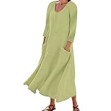 Damen Baumwolle 3/4-Arm Maxi Leinenkleid mit Taschen Flowy Saum V-Ausschnitt Falten Leinen Maxikleid Schichten Boho Lässiges Lang Freizeitkleid Retro Kaftan Lose Roben O