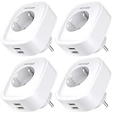 GHome Smart Steckdose mit USB, 16A 4er Pack misst den Stromverbrauch, WLAN mit Fernsteuerung, Sprachsteuerung und Zeitschaltuhr, Funktionieren mit Alexa, Google H