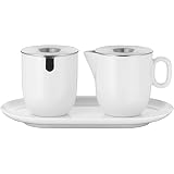 WMF Barista Zuckerdose 130 ml und Sahne-/ Milchkännchen Porzellan 170 ml mit Deckeln Set 3-teilig mit Untersetzer, Milchkanne, spülmaschinengeeig