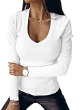 Chicrise Langarmshirt Damen V Ausschnitt Herbst Outfit skims Dupe eng Basic Shirt Langarm Weiß M 38-40