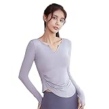 Damen Sport Fitness V-Ausschnitt Langarm T-Shirt Atmungsaktives Funktionelles Sport Training Fitness T-Shirt Locker Geschnittenes Laufshirt Yoga Top (XL,Violett)