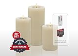 Candela Lights LED Stumpenkerzen Set Flammenlos Echtwachs inklusive Fernbedienung & Batterien Dimmbar Flammenfunktion (Farbe & Set) (Winter Creme, 3er Set)