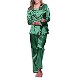 Hkdjaess Damen-Pyjama, zweiteilig, Satin, Loungewear, Knopfleiste, Pijamas, Nachtwäsche, große Größe, lange Ärmel, Seide, schick, elegant, Kleidung, Hose, einfarbig, klassisch, Sleepwear, grün, 38