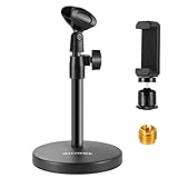 BILIONE 3-in-1 Multifunktions-Schreibtisch-Mikrofonständer, verstellbarer Tisch-Mikrofonständer mit Mikrofon-Clip, Handy-Clip, 5/8-Zoll-Stecker auf 3/8-Zoll-Buchse, Metalladap
