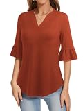 YATHON Damen-Top, 3/4-Ärmel, elegant, lässig, Sommer, V-Ausschnitt, Glockenärmel, Blumendruck, lockere Rüschen, Tunika-Blusen, Ein Braun,