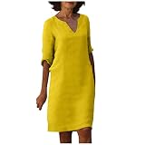 Azruma Damen Kleid Festlich Petticoat Kleid Bolero Damen Leinenkleid Damen Sommer V-Ausschnitt Halbe ÄRmel Einfarbig Knielang Leinen Kleider Maxi Kleider FüR Damen Sommer (Gelb, M)