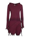 Vishes - Damen Elfen Zipfel Kleid Tunika mit Zipfelkapuze, Langarm, Dunkelrot, 40
