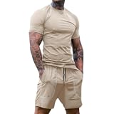BERCIELY Sportanzug Herren Draussen Fitness Jogging Trainingsanzug Atmungsaktiv Workout Kurzarm Und Kurze Hosen 2-Teiliges Set Regular Fit Temperament Mode Freizeitanzug G-Khaki XXL