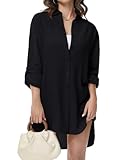 Tanmolo Damen Bluse V-Ausschnitt Hemdbluse Langarm Lässiges Hemd zum Knöpfen Langarmshirt Casual Oberteile Aufrollen Tops (Schwarz,3XL)