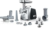Bosch Fleischwolf MFW68660, Wurstausfatz, Reibe mit 4 Raspeln, 3 Edelstahl Lochscheiben (3, 4,8, 8mm), 2200 W Blockierleistung, 880 W, silb