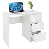 ML-Design Schreibtisch mit 3 Schubladen, 90x76x50 cm, Weiß, Schubladenfronten in Hochglanz, viel Stauraum, Arbeitstisch Bürotisch Computertisch Büromöbel Laptoptisch PC Tisch, für Heim und Bü