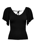 ONLY Damen Geripptes T-Shirt Kurzarm V-Ausschnitt Top mit weiten Ärmeln Shirt mit Schnürung ONLLEELO, Farben:Schwarz, Größe:S