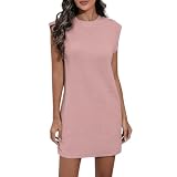Dress for Women 2025 Casual Cap Sleeve Tshirt Dress Crew Neck Short Tunic Tee Dresses Solid Straight Basic Dresses Sexy Kleid Damen (Pink, XXL)
