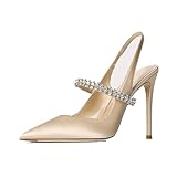 THOYBMO Damen High Heels Sandalen mit Strasssteinen Riemchen Stilettos Geschlossene Spitze Zehen Pumps Party Sommer Schlupfschuhe,apricot10CM,43