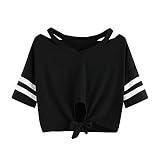 YEBIRAL Damen Sweatshirt, Teenager Mädchen Kurzarm T-Shirt Bauchfrei Oberteil Kurz Sommer Strand Casual Crop Tops V-Ausschnitt Bluse mit Schleife(XXL,Schwarz)
