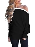 Eniloyal Off Shoulder Pullover Longsleeve Damen Schulterfreies Oberteil Langarmshirt One Shoulder Shirt Fledermaus Oversized Tops Elegant Herbst Tshirt Schwarz XL