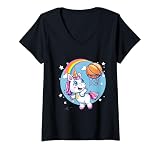 Damen Basketball-Liebhaber-Zeichnung mit süßem Einhorn-Motiv T-Shirt mit V