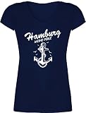 T-Shirt Damen V Ausschnitt - Stadt und City Outfit - Hamburg - Meine Perle - M - Dunkelblau - städte Hamburger Shirt Hamburg... Tshirt Souvenir Shirts leiberl v-Ausschnitt t-Shirts t-Shirt,