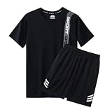 Sportanzug Herren Streatwear Trainingsanzüge Für Herren Fitness Workout 2-Teiliges Set T-Shirt Herren Casual Atmungsaktiv T-Shirt Set Herren A-Black M