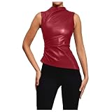 Damen Leder Ärmelloses Oberteil Damen Ärmellos Kunstlederweste Rundhals Tank Top PU Neckholder Top Camisole Kurz Crop Tops Slim Fit Top Lederjacke Läsige Tank Top Bauchfrei Oberteil T-Shirt Blusentop