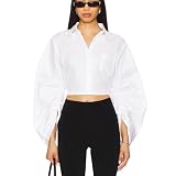 Damen Cropped-Shirt mit Knopfleiste und Schnürung hinten, lässig, plissiert, Puffärmel, Bluse, stilvolles Büro- und Alltagsoberteil, Weiss/opulenter Garten, Groß