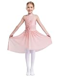 TSSOE Mädchen Lyrisch Tanzkleid Ballettkleid Neckholder Eiskunstlauf Kleid 3D-Blumen Tanzbody Mit Rock Kinder Modern Contemporary Tanzkleidung Rosa 110-116