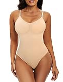 Nadeer Shapewear Damen Body Rückenfrei Bodysuit Sculpting Tanga Body Shaper Bauchweg Stark Formend mit Verstellbarer Schultergurt(Beige,L)