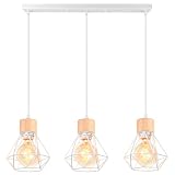 TOKIUS Pendelleuchte Vintage Industrial 16CM Hängelampe mit Geometrischem Design E27 Lampe aus Holz Eisen Käfig Lampenschirm Weiß Hängeleuchte für Esstisch Küche (Pendellampe 3-flammig, Balken)