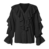 WeißEs T-Shirt Damen Locker Chiffon Bluse Damen T Shirt Bedrucken Elegant Chiffon V-Ausschnitt RüSchen Langarm Einfarbig Shirt Mit Knopfleiste Sommer Volant Oberteil Funktionsshirt (Schwarz, M)