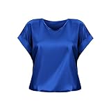 Kurzärmliges Satinhemd für Frühling und, lockeres, lässiges T-Shirt mit Rundhalsausschnitt Strandoutfit Damen (BU1, L)