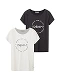TOM TAILOR Denim Damen Slim Fit T-Shirt mit Logo-Print im Doppelpack